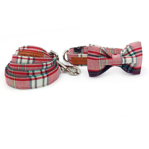 pink plaid  dog collar  with bow tie matel  buckle  cotton fabric  dog &cat necklace dog collar pet supply