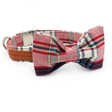 pink plaid  dog collar  with bow tie matel  buckle  cotton fabric  dog &cat necklace dog collar pet supply